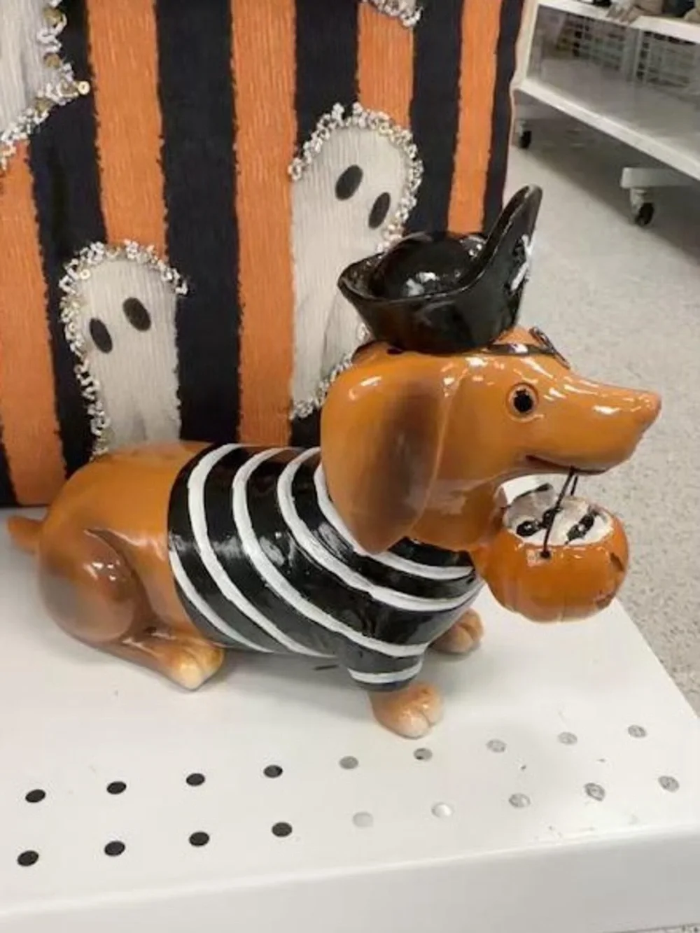 Halloween Pirate Dachshund Dog Figurine Striped Shirt Pumpkin Pail Spooky Decor